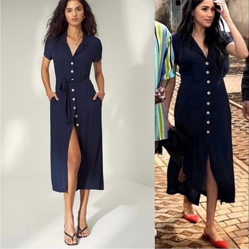Wilfred Navy Blue Floral Print Button-Front Midi Dress